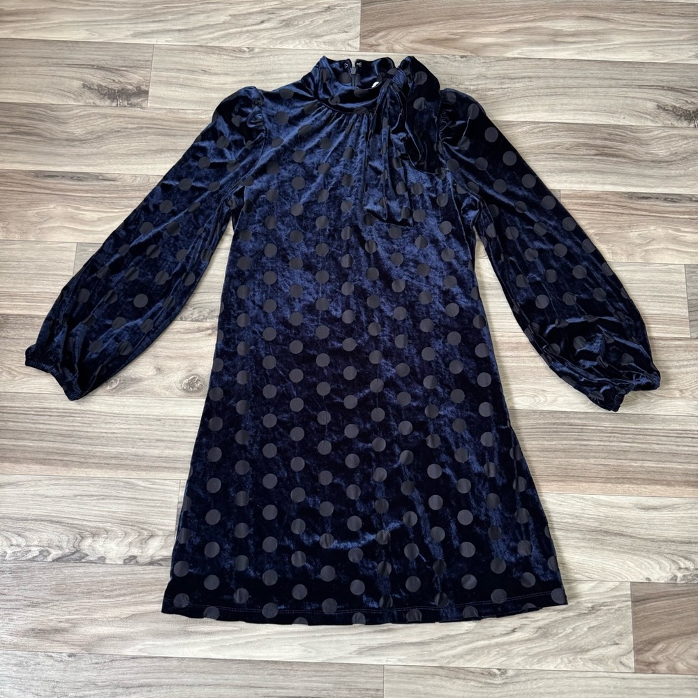 Calvin Klein Women's Polka Dot Velvet Tie Neck Long Sleeve Mini Shift Dress Sz 4